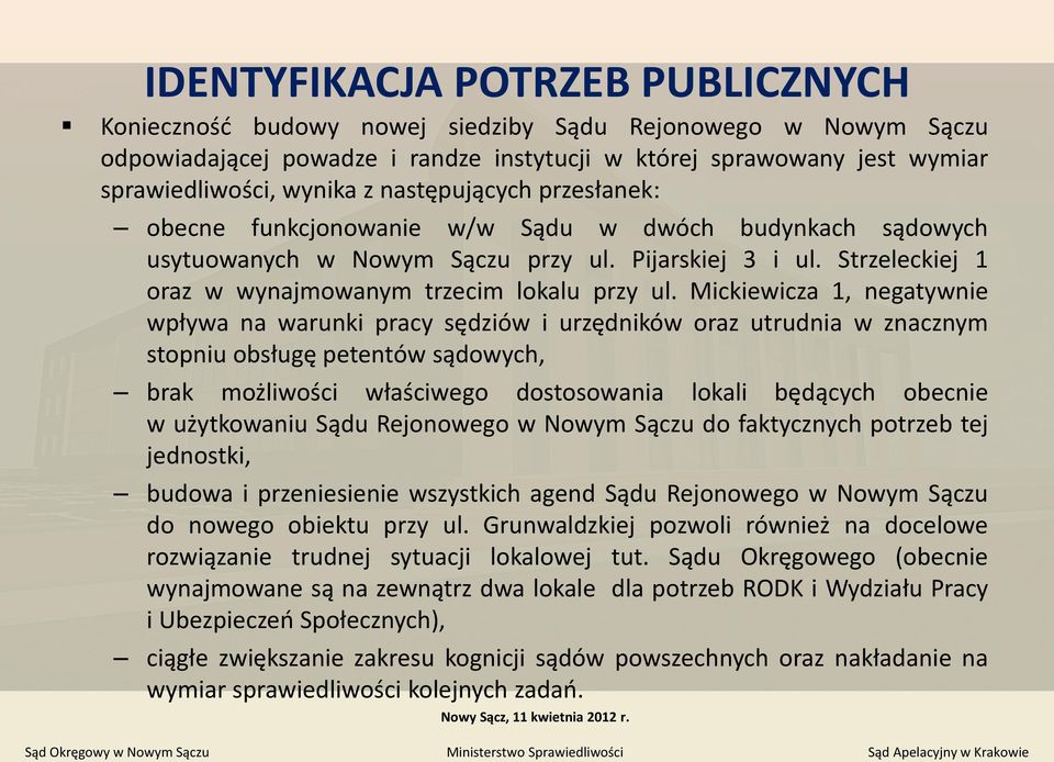 Mickiewicza 1, negatywnie wpływa na warunki pracy sędziów i urzędników oraz utrudnia w znacznym stopniu obsługę petentów sądowych, brak możliwości właściwego dostosowania lokali będących obecnie w