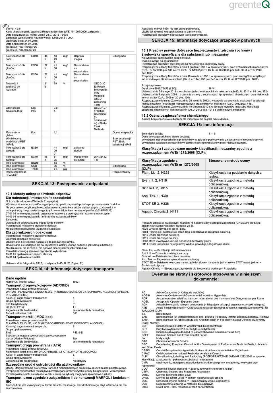 Desodes us subspicatus 5 % OECD 31 E (Ready Biodeda bility - Modified OECD Screenin Test), 5 OECD 17 (Partition Coefficient (noctanol/wat er) - Sake Flk Metod) Bibliofia Koc 1,1 Ocena eksperc EC5 >1