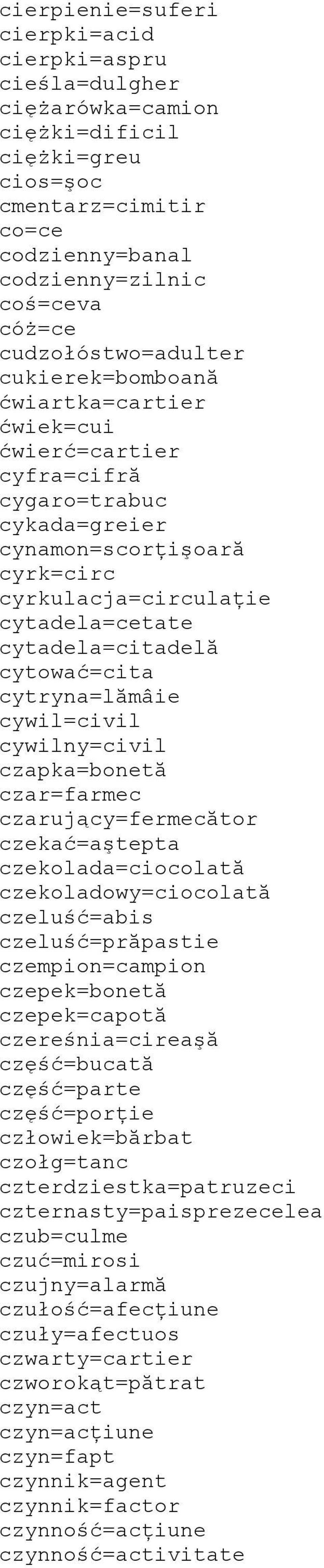 cytadela=citadelă cytować=cita cytryna=lămâie cywil=civil cywilny=civil czapka=bonetă czar=farmec czarujący=fermecător czekać=aştepta czekolada=ciocolată czekoladowy=ciocolată czeluść=abis