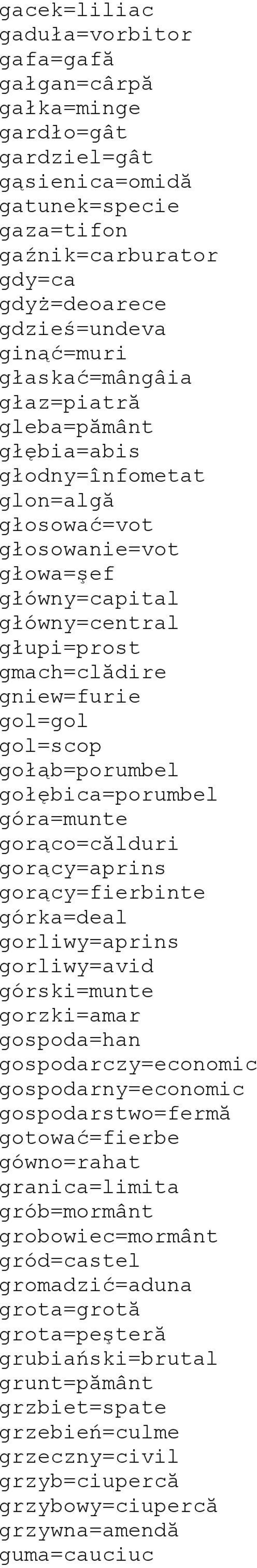 gol=scop gołąb=porumbel gołębica=porumbel góra=munte gorąco=călduri gorący=aprins gorący=fierbinte górka=deal gorliwy=aprins gorliwy=avid górski=munte gorzki=amar gospoda=han gospodarczy=economic