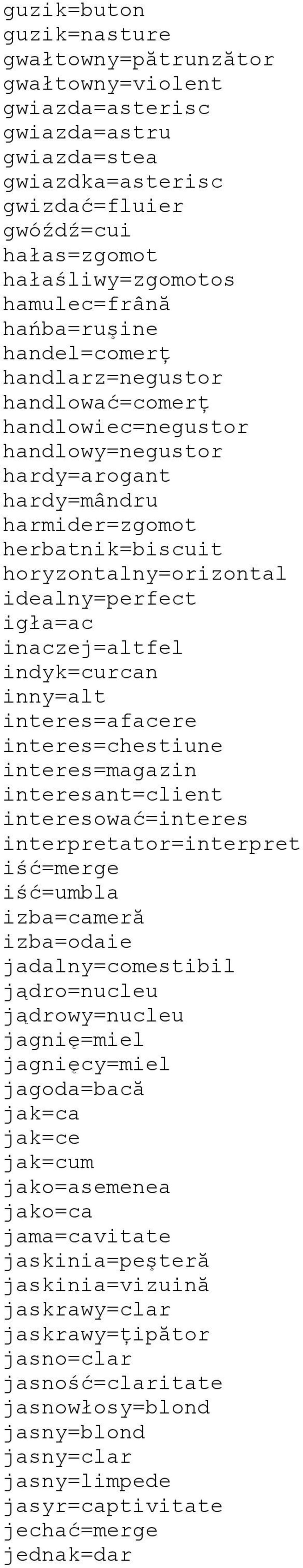 igła=ac inaczej=altfel indyk=curcan inny=alt interes=afacere interes=chestiune interes=magazin interesant=client interesować=interes interpretator=interpret iść=merge iść=umbla izba=cameră izba=odaie