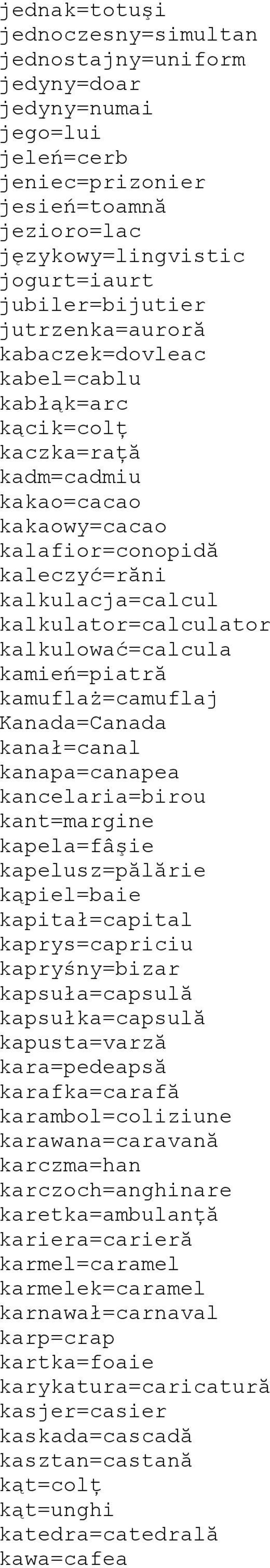 kalkulować=calcula kamień=piatră kamuflaż=camuflaj Kanada=Canada kanał=canal kanapa=canapea kancelaria=birou kant=margine kapela=fâşie kapelusz=pălărie kąpiel=baie kapitał=capital kaprys=capriciu