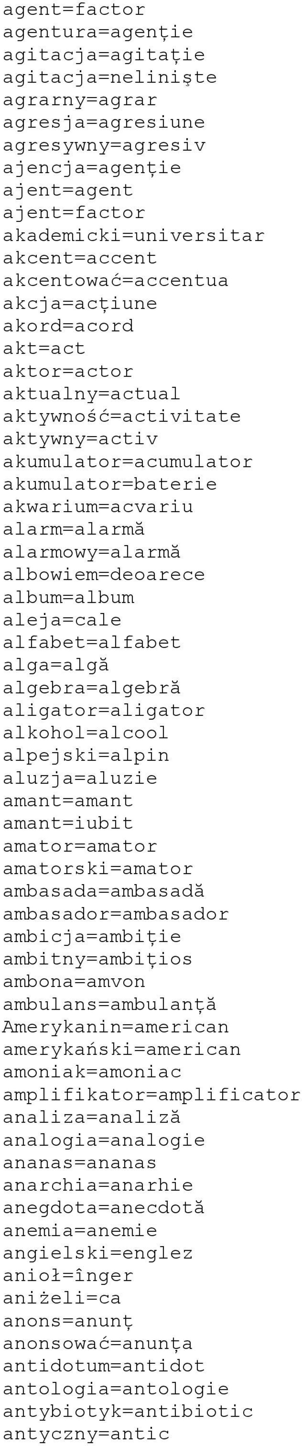 alarmowy=alarmă albowiem=deoarece album=album aleja=cale alfabet=alfabet alga=algă algebra=algebră aligator=aligator alkohol=alcool alpejski=alpin aluzja=aluzie amant=amant amant=iubit amator=amator