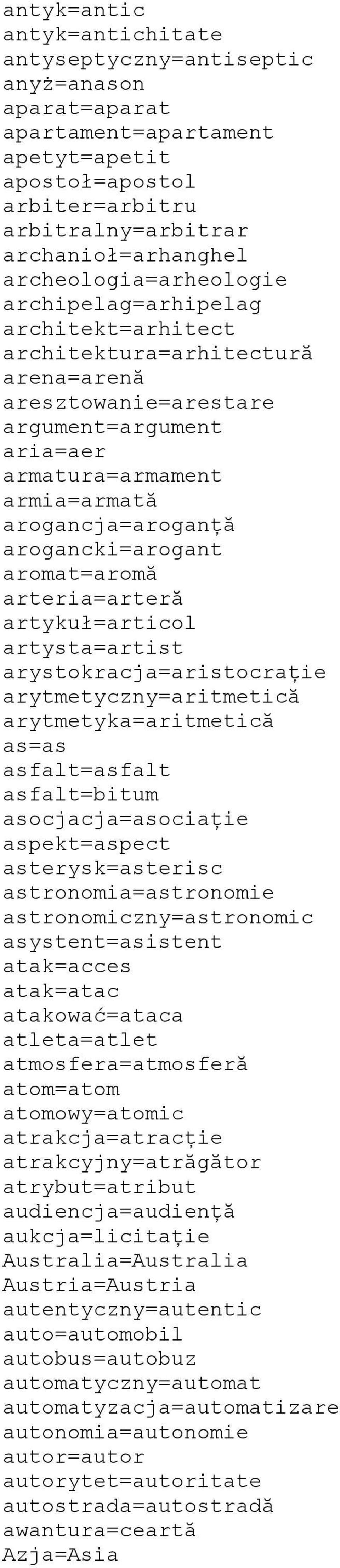 arogancki=arogant aromat=aromă arteria=arteră artykuł=articol artysta=artist arystokracja=aristocraţie arytmetyczny=aritmetică arytmetyka=aritmetică as=as asfalt=asfalt asfalt=bitum