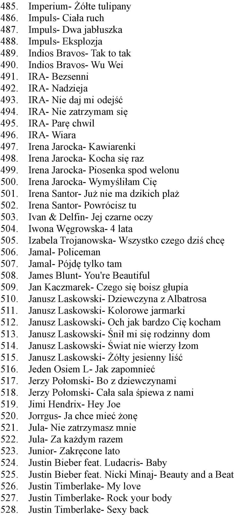 Imperium- Żółte tulipany Impuls- Ciała ruch Impuls- Dwa jabłuszka Impuls- Eksplozja Indios Bravos- Tak to tak Indios Bravos- Wu Wei IRA- Bezsenni IRA- Nadzieja IRA- Nie daj mi odejść IRA- Nie