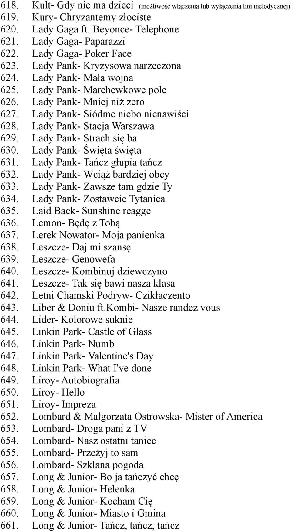 Beyonce- Telephone Lady Gaga- Paparazzi Lady Gaga- Poker Face Lady Pank- Kryzysowa narzeczona Lady Pank- Mała wojna Lady Pank- Marchewkowe pole Lady Pank- Mniej niż zero Lady Pank- Siódme niebo