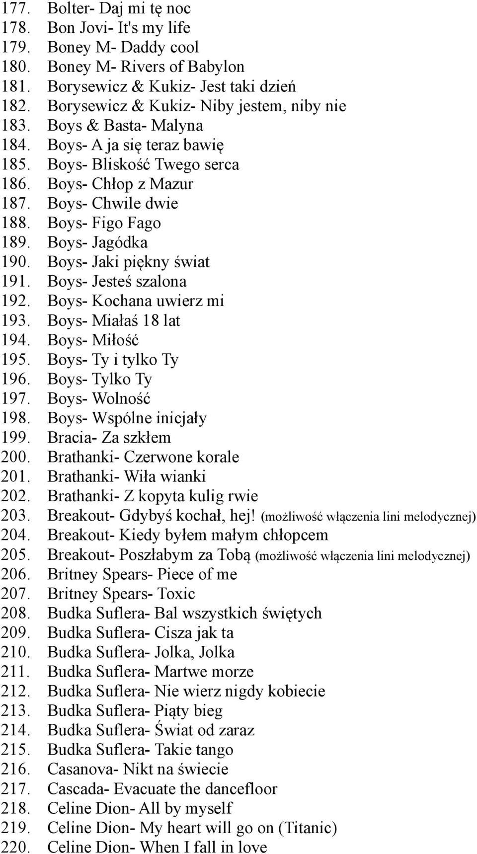 Bolter- Daj mi tę noc Bon Jovi- It's my life Boney M- Daddy cool Boney M- Rivers of Babylon Borysewicz & Kukiz- Jest taki dzień Borysewicz & Kukiz- Niby jestem, niby nie Boys & Basta- Malyna Boys- A