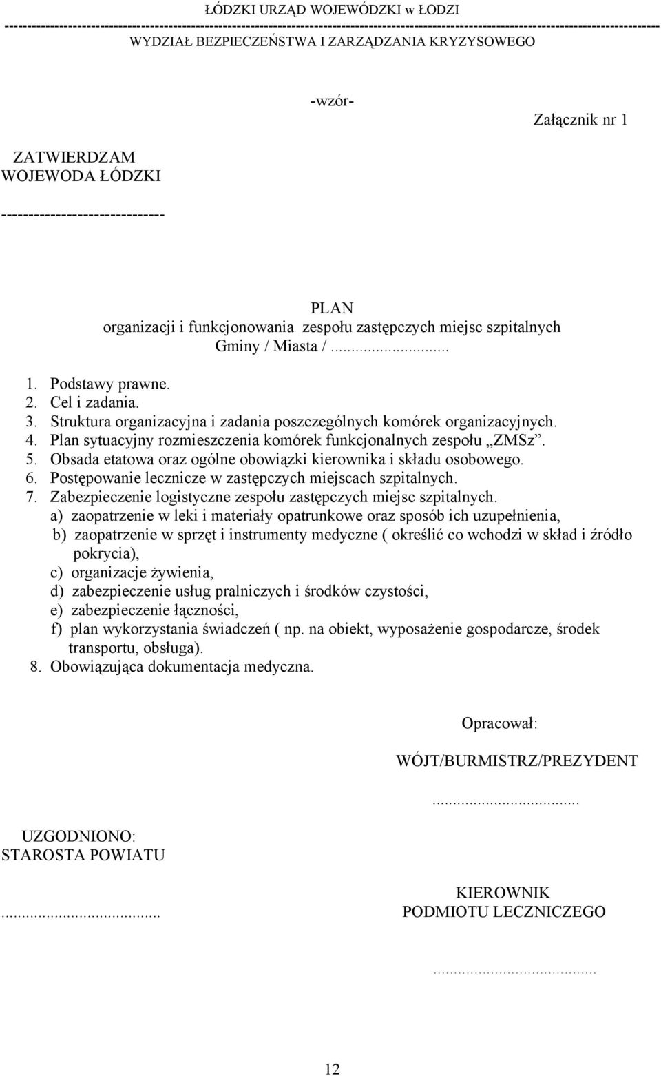 Obsada etatowa oraz ogólne obowiązki kierownika i składu osobowego. 6. Postępowanie lecznicze w zastępczych miejscach szpitalnych. 7. Zabezpieczenie logistyczne zespołu zastępczych miejsc szpitalnych.