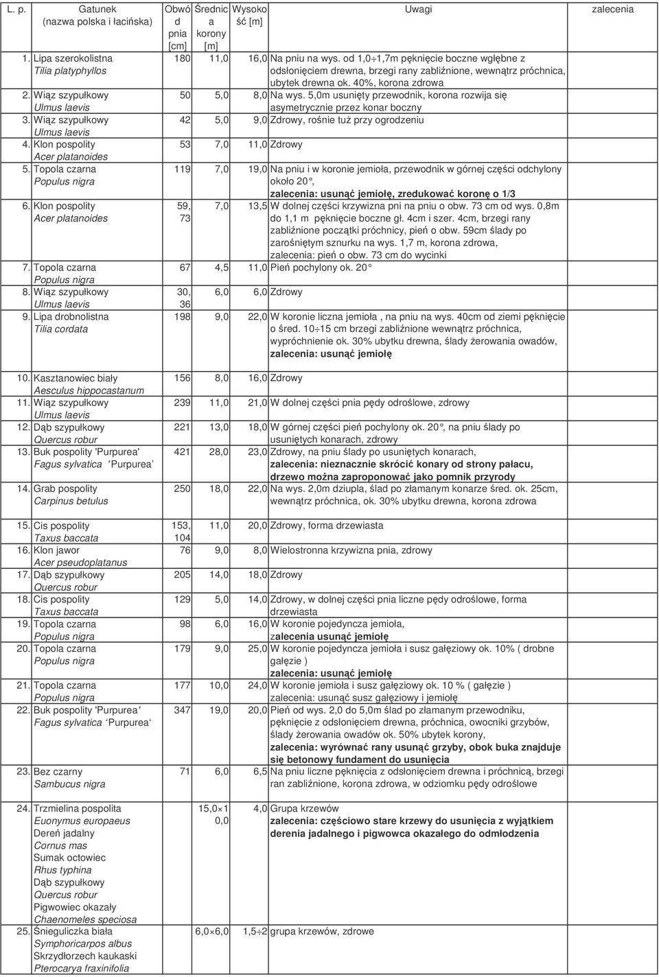 Cis pospolity Taxus baccata 16. Klon jawor Acer pseudoplatanus 17. Db szypułkowy 18. Cis pospolity Taxus baccata 19. Topola czarna Populus nigra 20. Topola czarna Populus nigra 21.