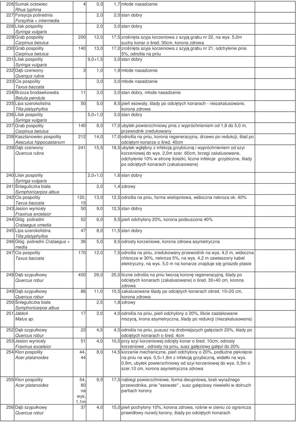 Kasztanowiec pospolity 239 Db czerwony Quercus rubra 240 Lilak pospolity Syringa vulgaris 241nieguliczka biała 242 Cis pospolity Taxus baccata 243 Jesion wyniosły 244 Głóg poredni Crataegus xmedia