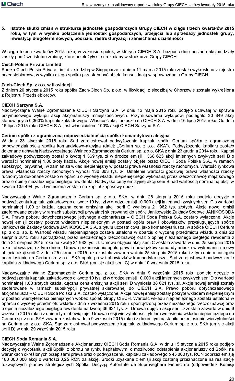 bezpośrednio posiada akcje/udziały zaszły poniższe istotne zmiany, które przełożyły się na zmiany w strukturze Grupy CIECH: Ciech-Polsin Private Limited Spółka Ciech-Polsin Private Limitd z siedzibą