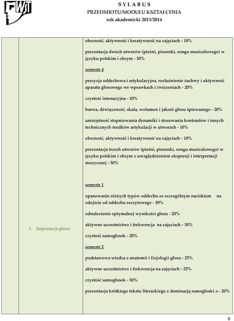 innych technicznych środków artykulacji w utworach - 10% obecność, prezentacja trzech utworów (pieśni, piosenki, songu musicalowego) w języku polskim i obcym z uwzględnieniem ekspresji i