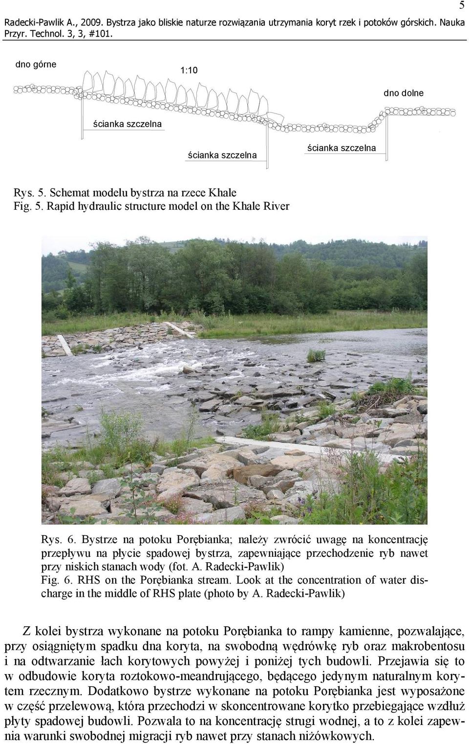 Bystrze na potoku Porębianka; należy zwrócić uwagę na koncentrację przepływu na płycie spadowej bystrza, zapewniające przechodzenie ryb nawet przy niskich stanach wody (fot. A. Radecki-Pawlik) Fig. 6.