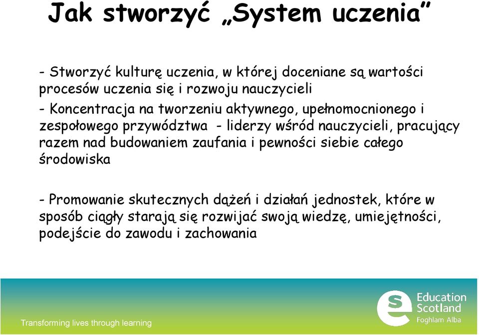 nauczycieli, pracujący razem nad budowaniem zaufania i pewności siebie całego środowiska - Promowanie skutecznych