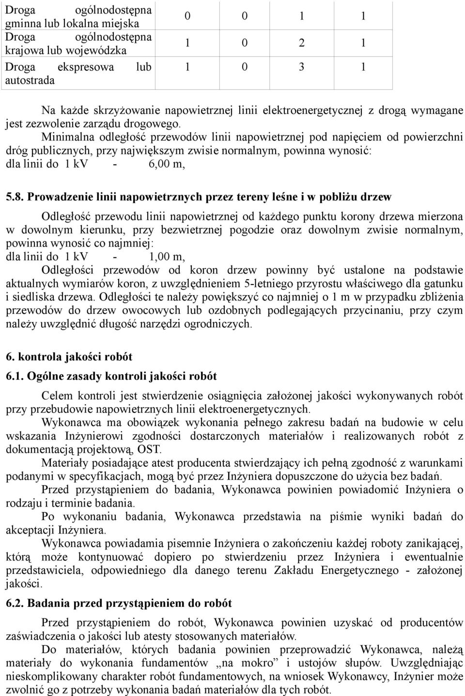 Minimalna odległość przewodów linii napowietrznej pod napięciem od powierzchni dróg publicznych, przy największym zwisie normalnym, powinna wynosić: dla linii do 1 kv - 6,00 m, 5.8.