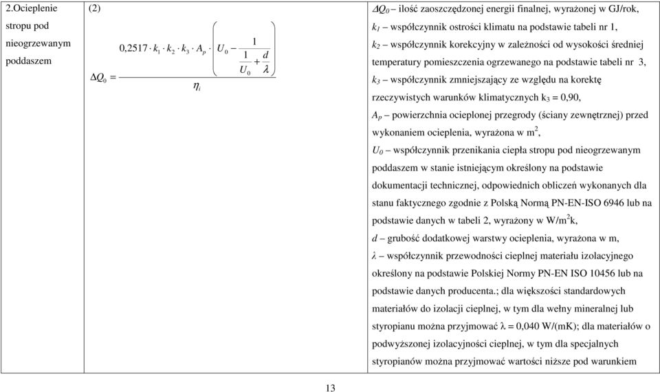 korektę rzeczywistych warunków klimatycznych k 3 = 0,90, A p powierzchnia ocieplonej przegrody (ściany zewnętrznej) przed wykonaniem ocieplenia, wyraŝona w m 2, U 0 współczynnik przenikania ciepła