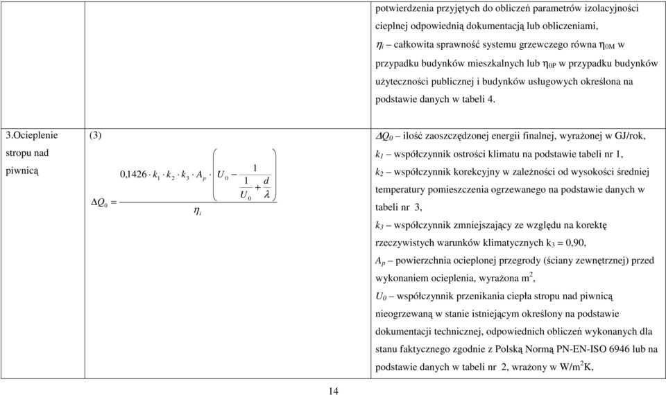 Ocieplenie (3) Q 0 ilość zaoszczędzonej energii finalnej, wyraŝonej w GJ/rok, stropu nad piwnicą Q 0 = 0,1426 k k 1 2 k 3 A η i p U 0 1 1 d + U λ 0 k 1 współczynnik ostrości klimatu na podstawie