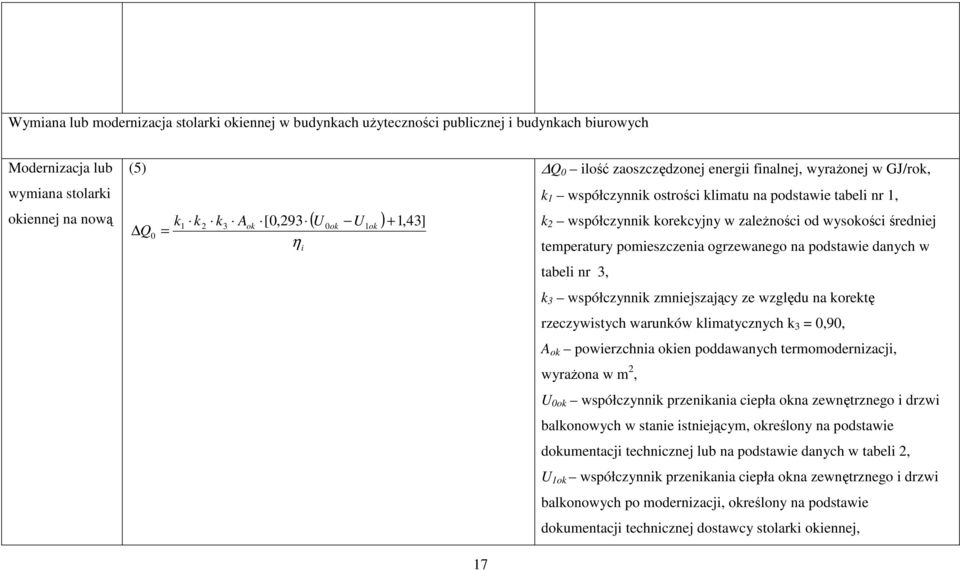 średniej temperatury pomieszczenia ogrzewanego na podstawie danych w tabeli nr 3, k 3 współczynnik zmniejszający ze względu na korektę rzeczywistych warunków klimatycznych k 3 = 0,90, A ok