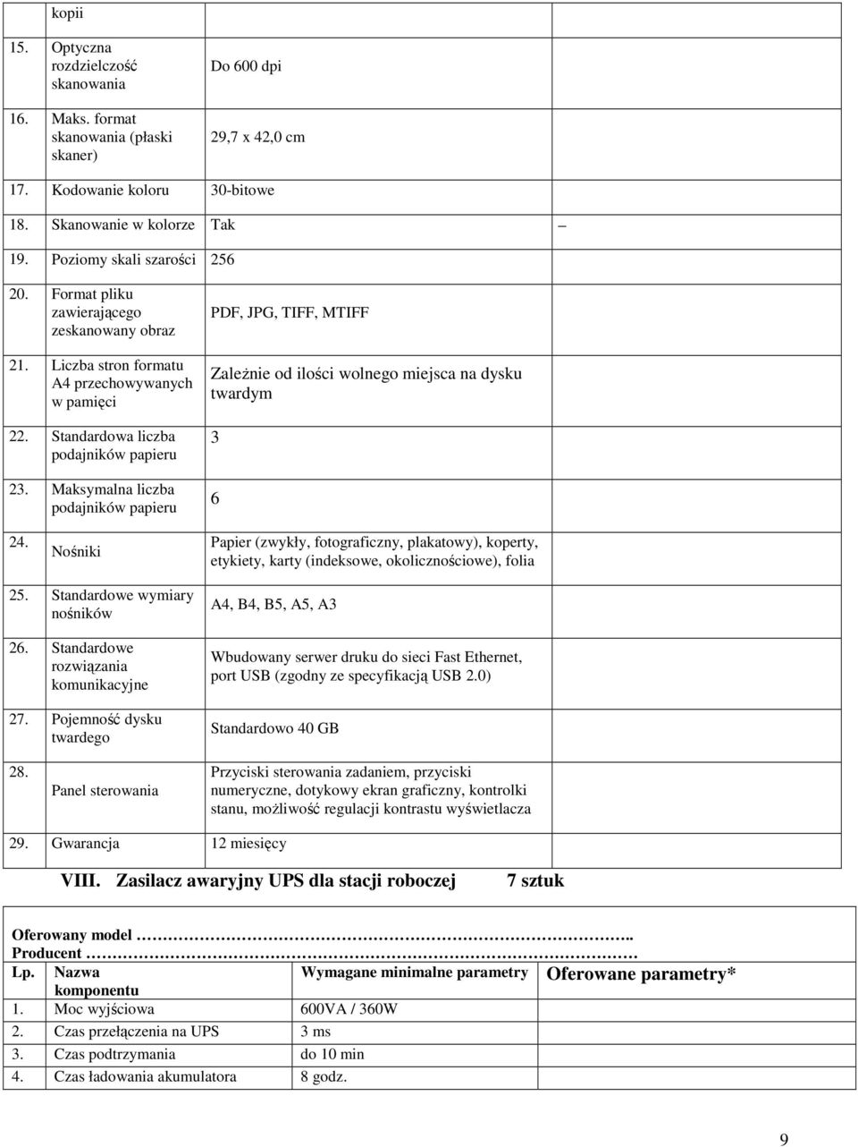 Maksymalna liczba podajników papieru PDF, JPG, TIFF, MTIFF ZaleŜnie od ilości wolnego miejsca na dysku twardym 3 6 24.