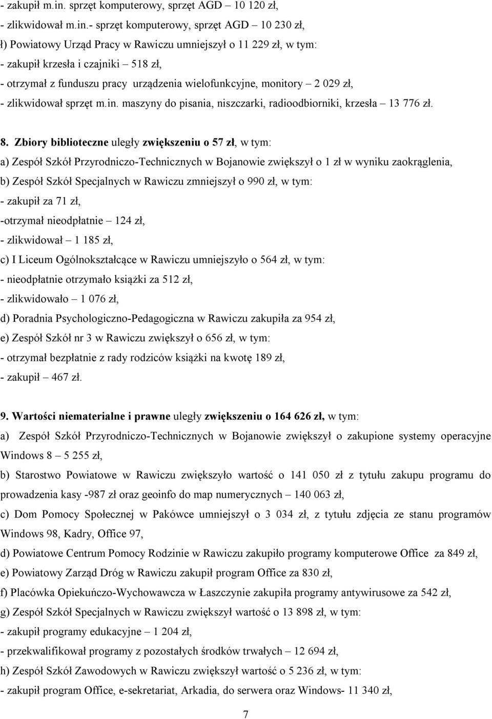 - sprzęt komputerowy, sprzęt AGD 10 230 zł, ł) Powiatowy Urząd Pracy w Rawiczu umniejszył o 11 229 zł, w tym: - zakupił krzesła i czajniki 518 zł, - otrzymał z funduszu pracy urządzenia