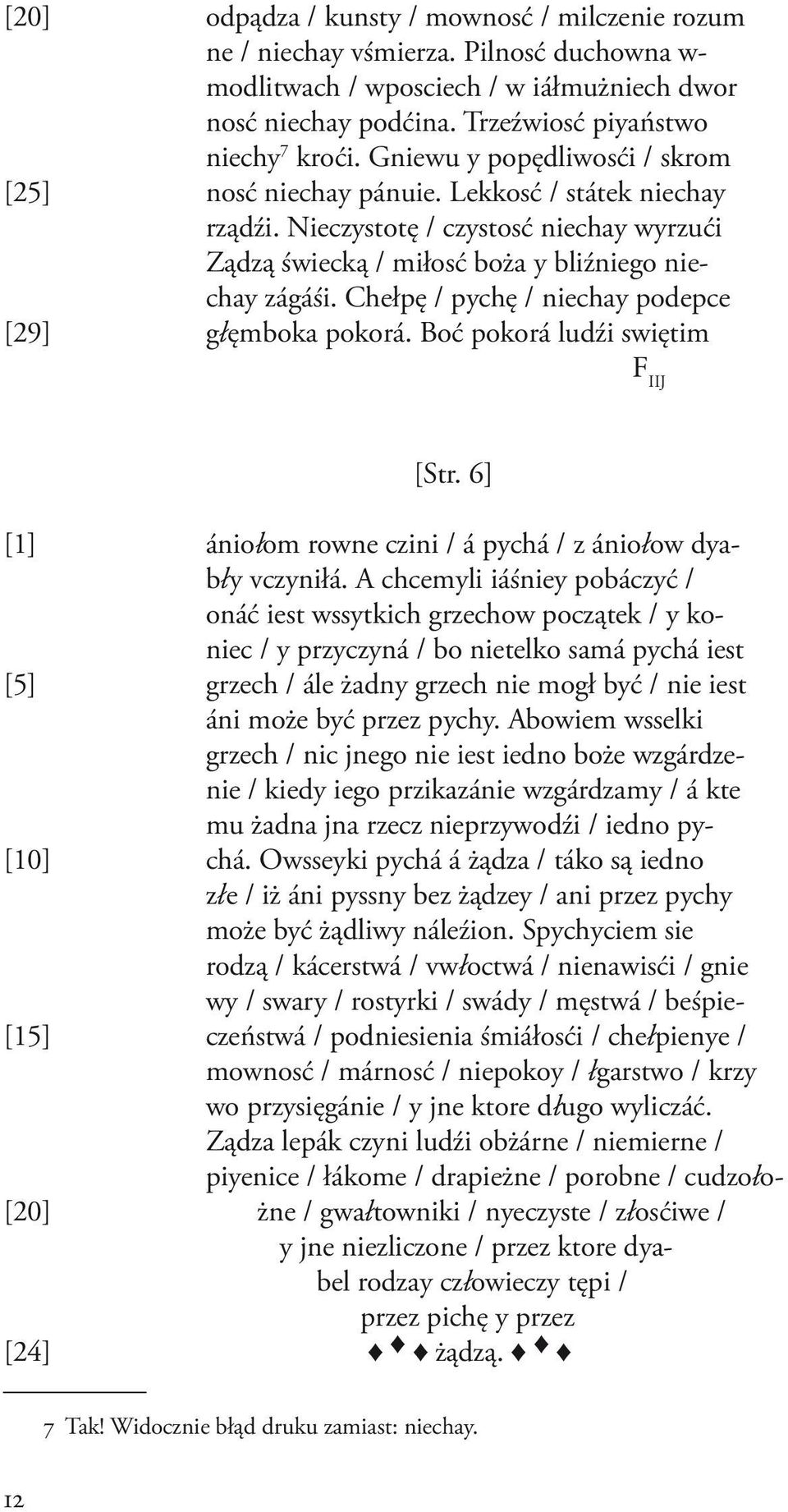 Chełpę / pychę / niechay podepce [29] głęmboka pokorá. Boć pokorá ludźi swiętim F IIJ [Str. 6] [1] ániołom rowne czini / á pychá / z ániołow dyabły vczyniłá.