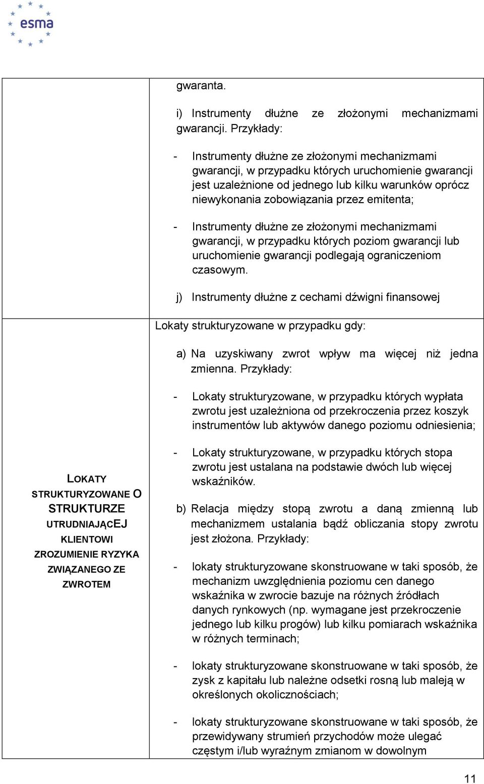 emitenta; - Instrumenty dłużne ze złożonymi mechanizmami gwarancji, w przypadku których poziom gwarancji lub uruchomienie gwarancji podlegają ograniczeniom czasowym.