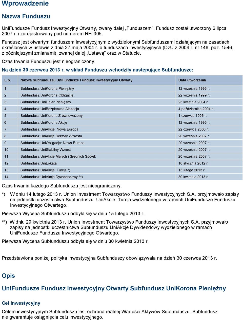 1546, z późniejszymi zmianami), zwanej dalej Ustawą oraz w Statucie. Czas trwania Funduszu jest nieograniczony. Na dzień 30 czerwca 2013 r. w skład Funduszu wchodziły następujące Subfundusze: L.p. Nazwa Subfunduszu UniFundusze Fundusz Inwestycyjny Otwarty Data utworzenia 1 Subfundusz UniKorona Pieniężny 12 września 1996 r.