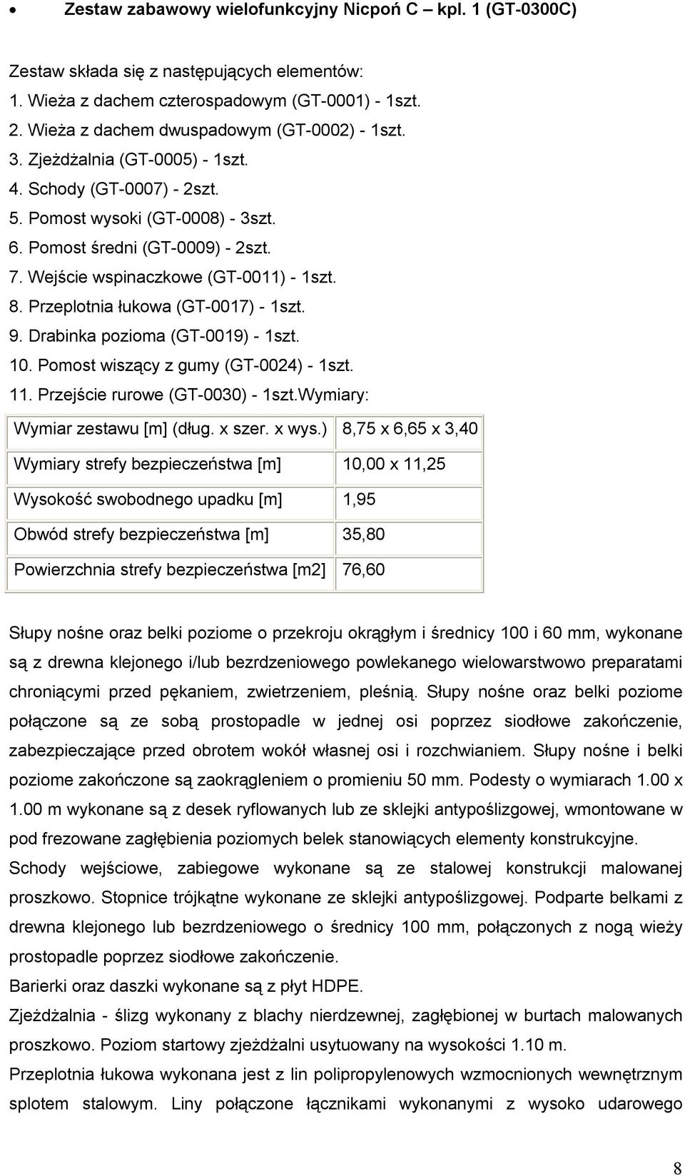 Wejście wspinaczkowe (GT-0011) - 1szt. 8. Przeplotnia łukowa (GT-0017) - 1szt. 9. Drabinka pozioma (GT-0019) - 1szt. 10. Pomost wiszący z gumy (GT-0024) - 1szt. 11. Przejście rurowe (GT-0030) - 1szt.