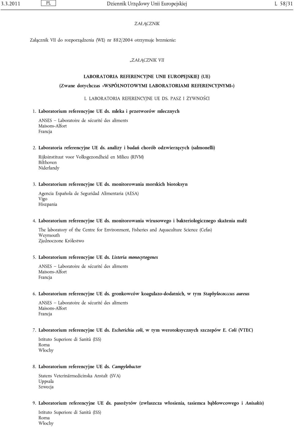 mleka i przetworów mlecznych ANSES Laboratoire de sécurité des aliments 2. Laboratoria referencyjne UE ds.