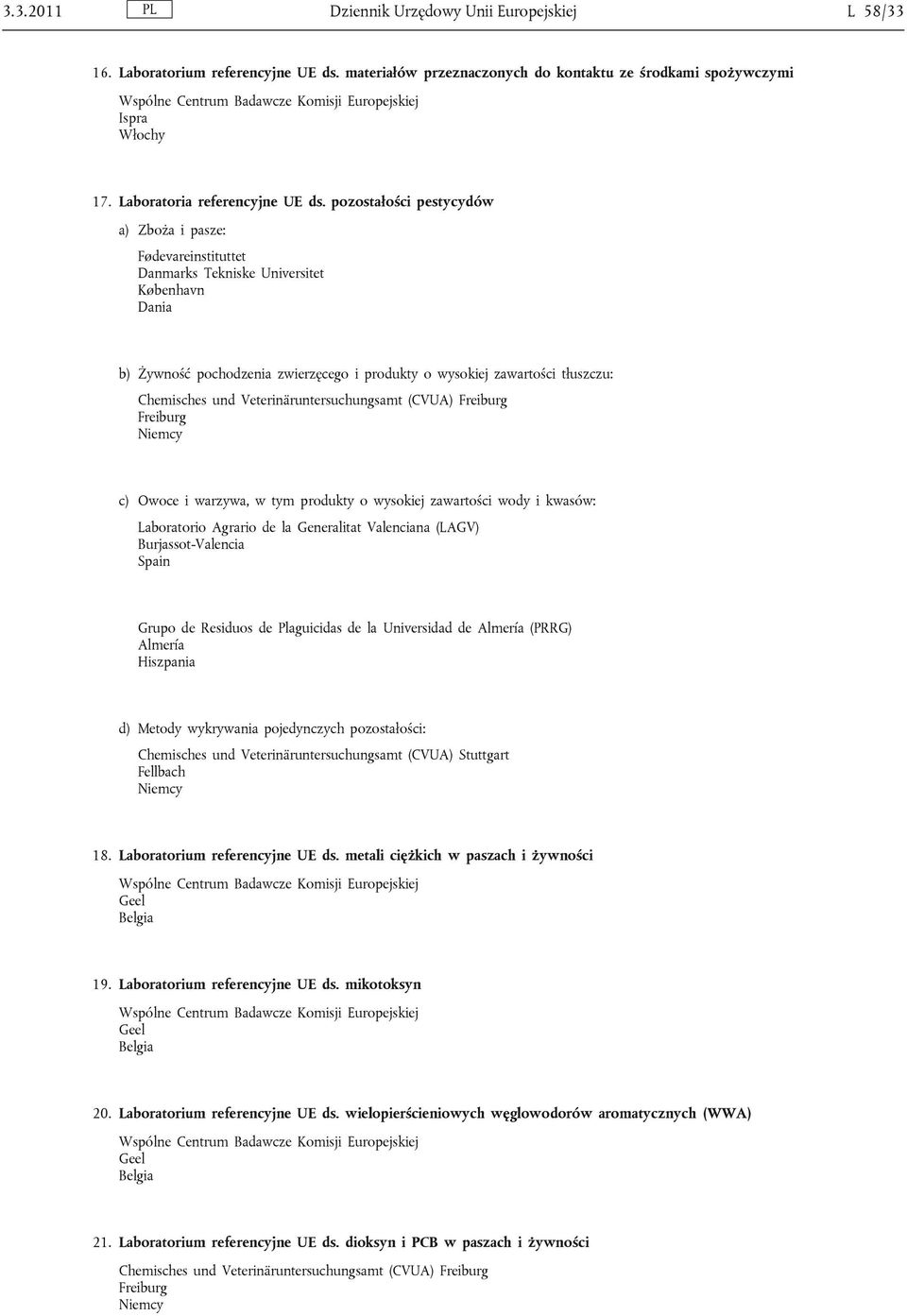 und Veterinäruntersuchungsamt (CVUA) Freiburg Freiburg c) Owoce i warzywa, w tym produkty o wysokiej zawartości wody i kwasów: Laboratorio Agrario de la Generalitat Valenciana (LAGV)