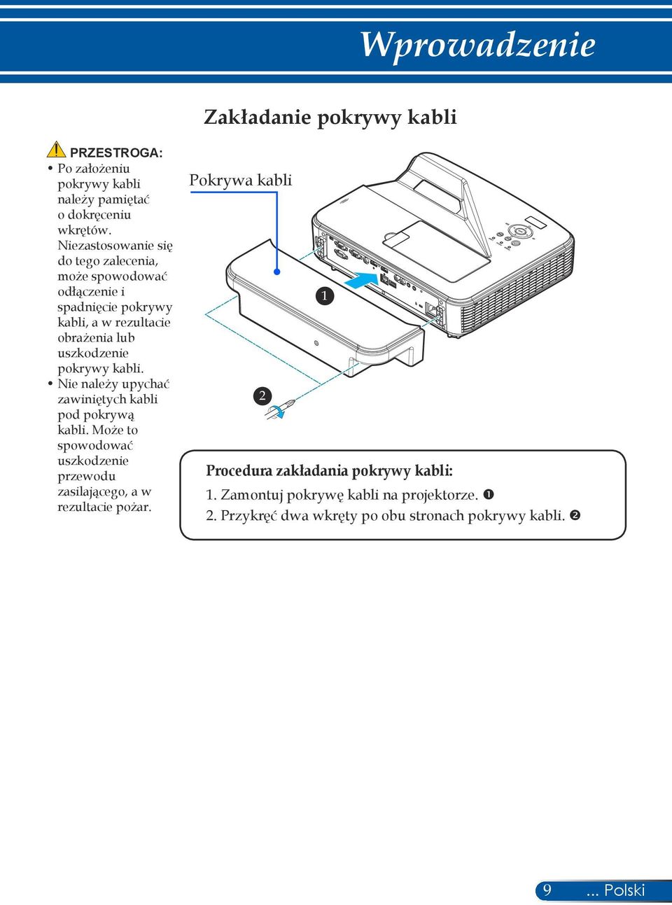 pokrywy kabli. Nie należy upychać zawiniętych kabli pod pokrywą kabli.