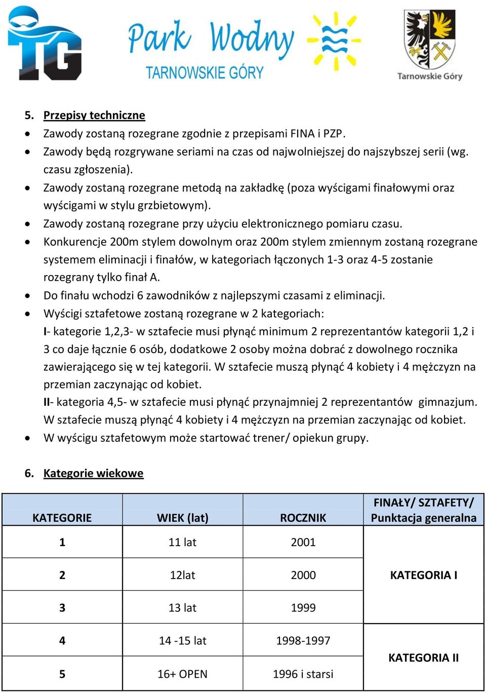 Konkurencje 200m stylem dowolnym oraz 200m stylem zmiennym zostaną rozegrane systemem eliminacji i finałów, w kategoriach łączonych 1-3 oraz 4-5 zostanie rozegrany tylko finał A.