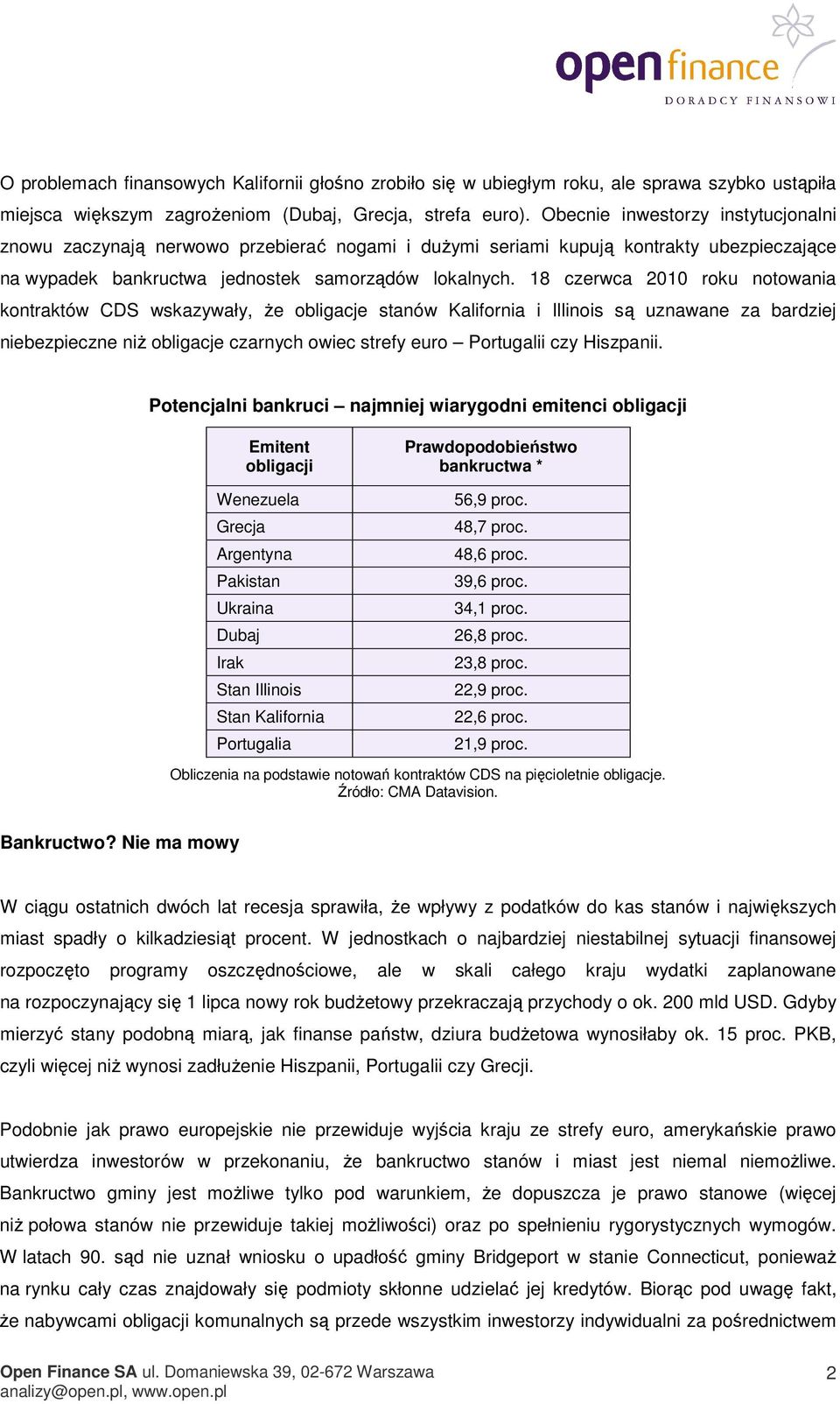 18 czerwca 2010 roku notowania kontraktów CDS wskazywały, że obligacje stanów Kalifornia i Illinois są uznawane za bardziej niebezpieczne niż obligacje czarnych owiec strefy euro Portugalii czy