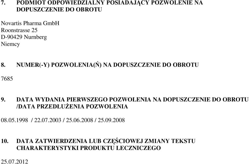 DATA WYDANIA PIERWSZEGO POZWOLENIA NA DOPUSZCZENIE DO OBROTU /DATA PRZEDŁUŻENIA POZWOLENIA 08.05.1998 / 22.