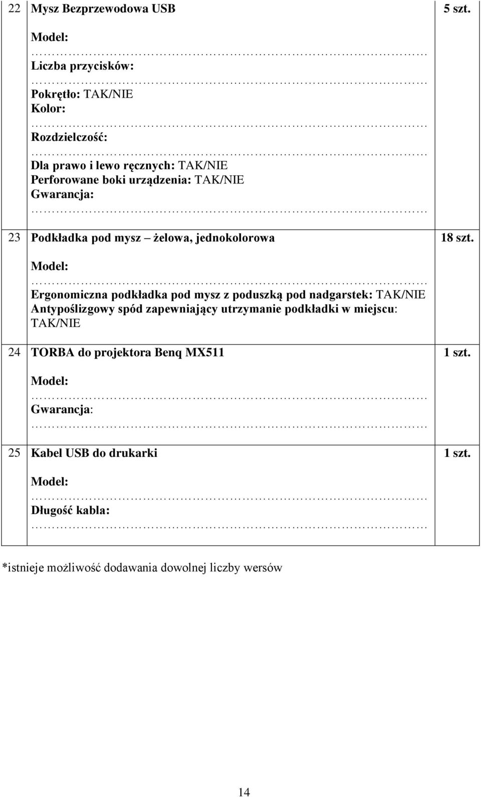 TAK/NIE 23 Podkładka pod mysz żelowa, jednokolorowa 18 szt.