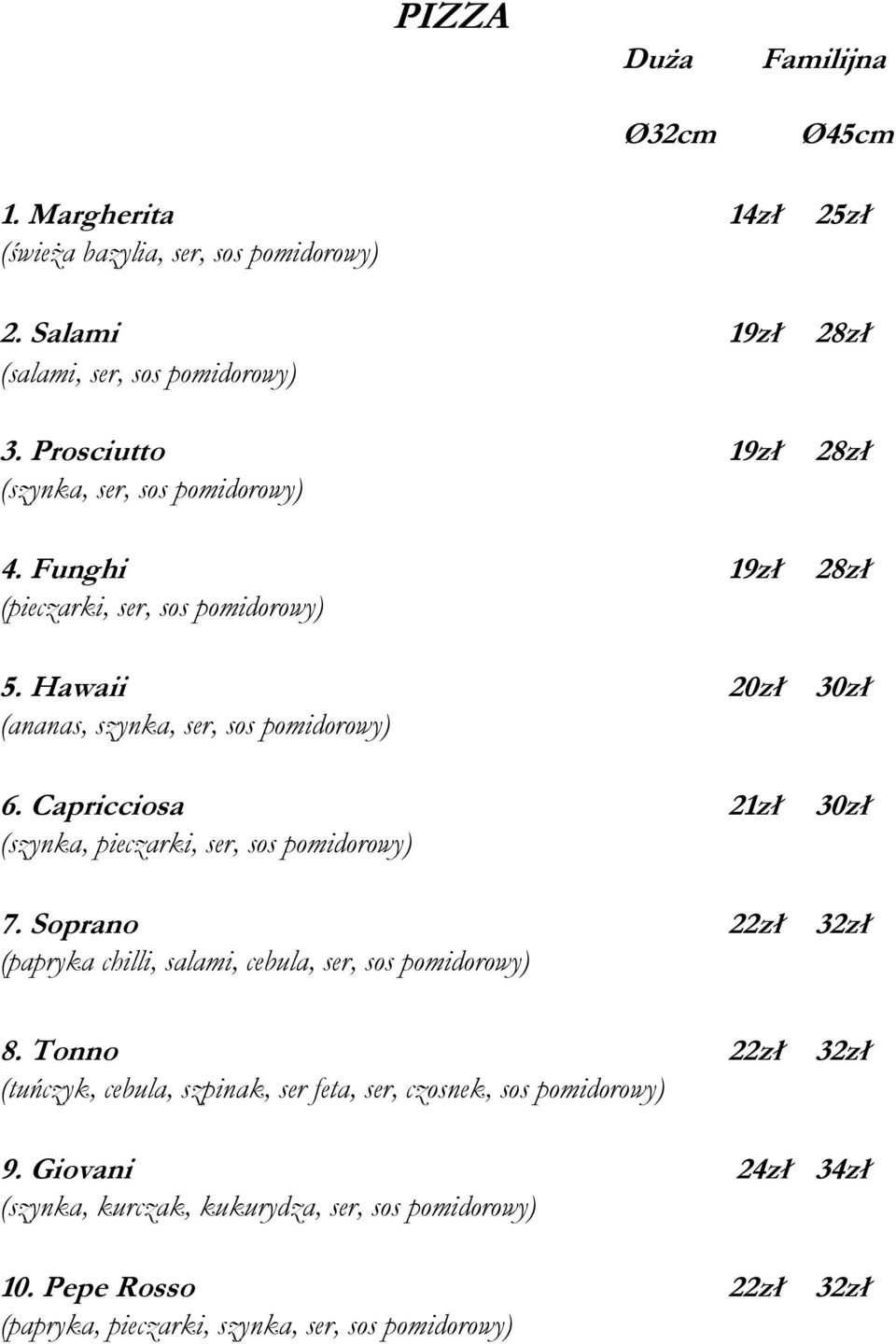 Capricciosa 30zł (szynka, pieczarki, ser, sos pomidorowy) 7. Soprano 22zł 32zł (papryka chilli, salami, cebula, ser, sos pomidorowy) 8.