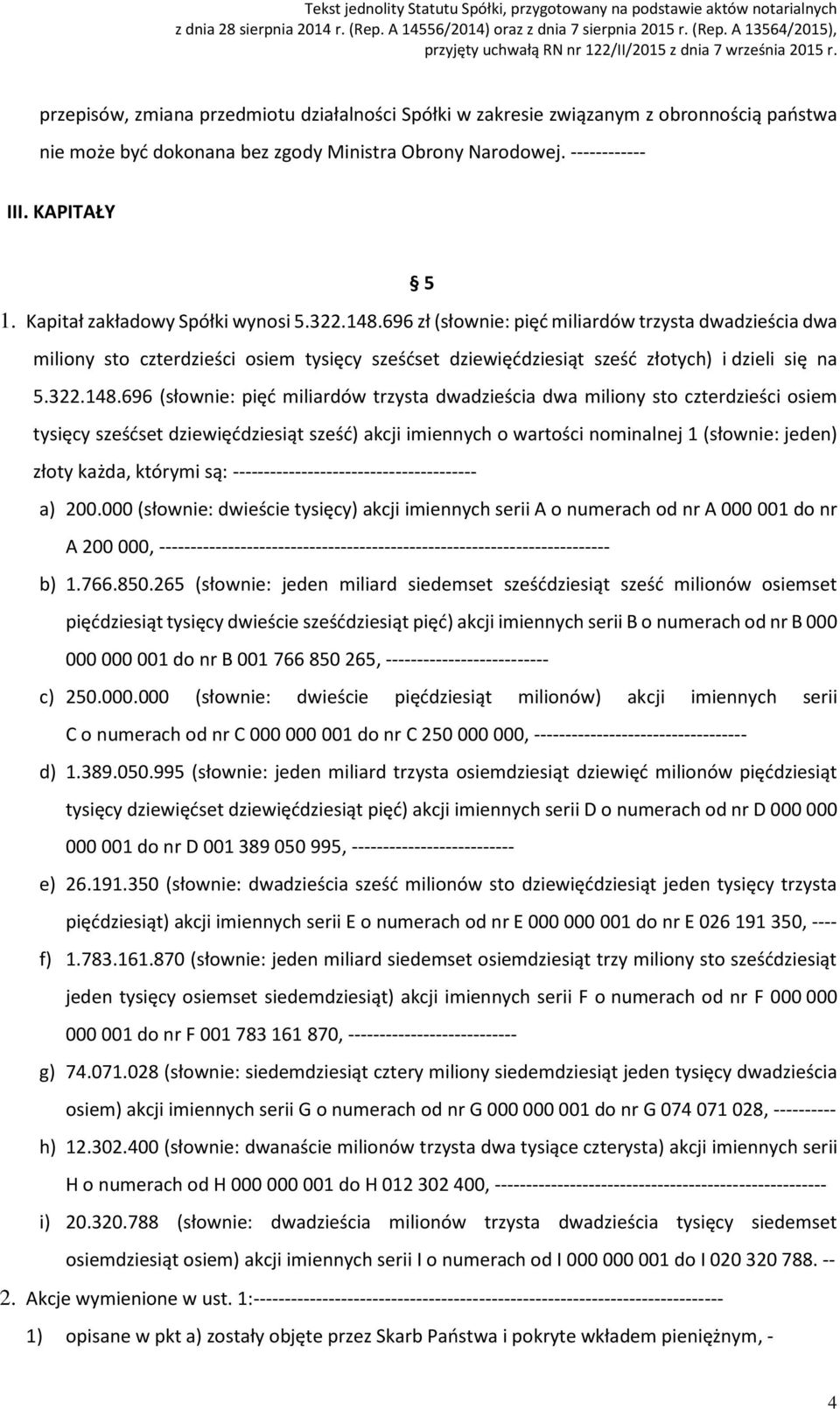 696 zł (słownie: pięć miliardów trzysta dwadzieścia dwa miliony sto czterdzieści osiem tysięcy sześćset dziewięćdziesiąt sześć złotych) i dzieli się na 5.322.148.