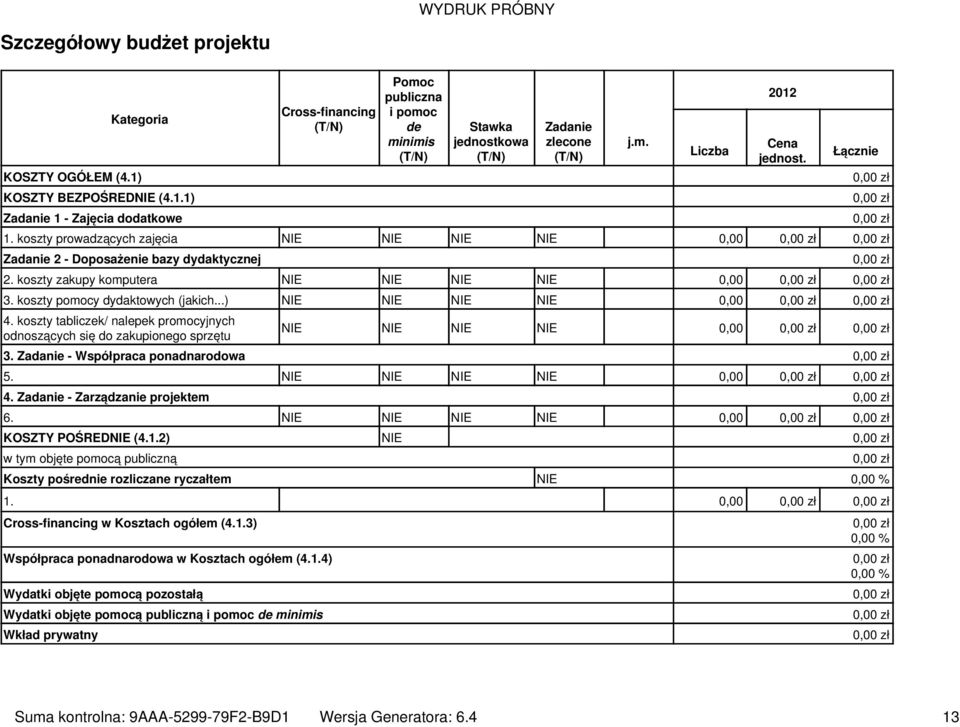 koszty pomocy dydaktowych (jakich...) NIE NIE NIE NIE 0,00 4. koszty tabliczek/ nalepek promocyjnych odnoszących się do zakupionego sprzętu NIE NIE NIE NIE 0,00 3.