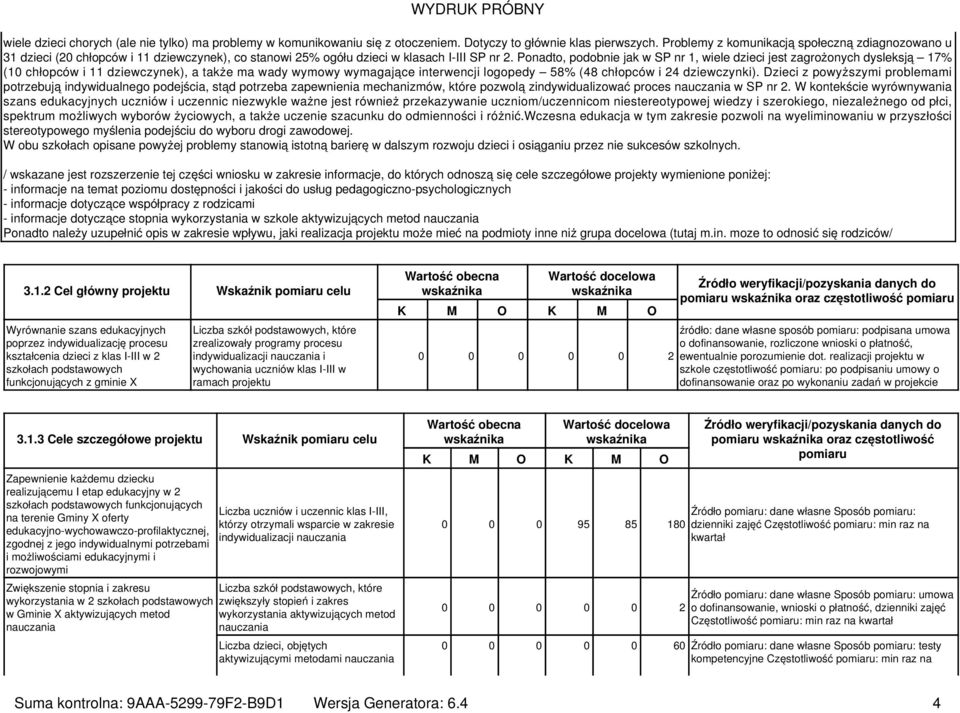 Ponadto, podobnie jak w SP nr 1, wiele dzieci jest zagrożonych dysleksją 17% (10 chłopców i 11 dziewczynek), a także ma wady wymowy wymagające interwencji logopedy 58% (48 chłopców i 24 dziewczynki).