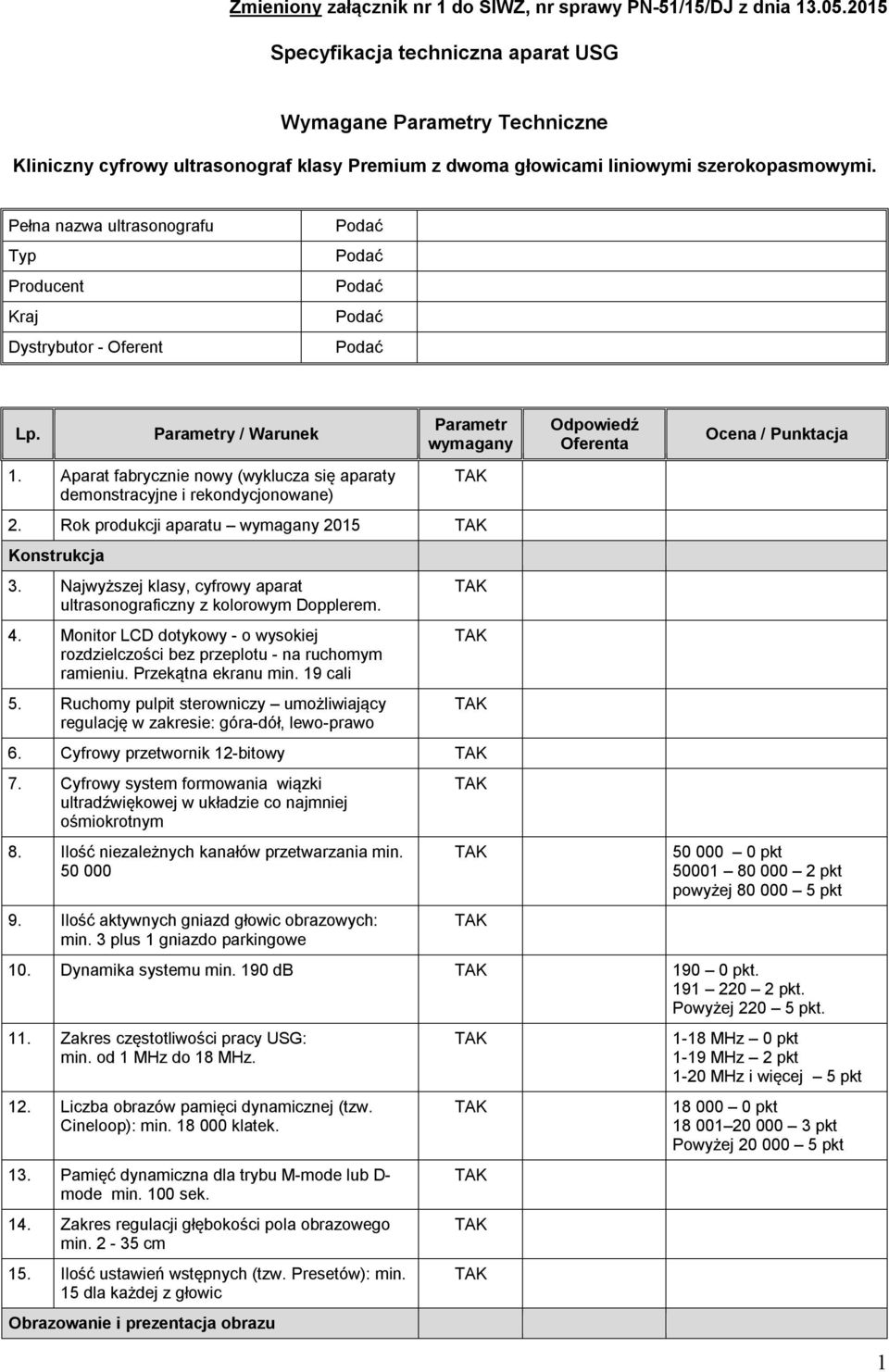 Pełna nazwa ultrasonografu Typ Producent Kraj Dystrybutor - Oferent Lp. Parametry / Warunek 1. Aparat fabrycznie nowy (wyklucza się aparaty demonstracyjne i rekondycjonowane) Parametr wymagany 2.