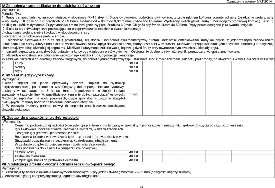 Długość śrub w przedziale 20-100mm, średnica od 4 0mm do 9,0mm mm, kodowane kolorami. WydłuŜony kielich główki śruby umoŝliwiający stopniową korekcję in situ ) na długim i krótkim dystansie.