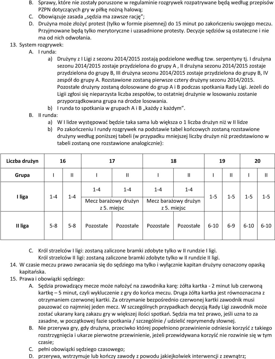 Decyzje sędziów są ostateczne i nie ma od nich odwołania. 13. System rozgrywek: A. I runda: a) Drużyny z I Ligi z sezonu 2014/2015 zostają podzielone według tzw. serpentyny tj.