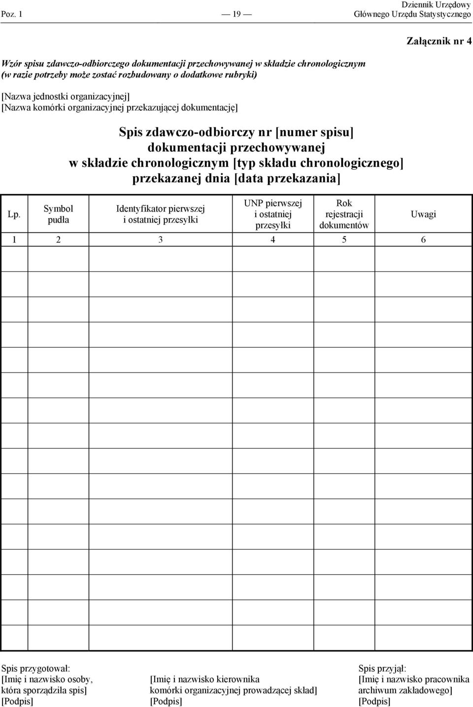 Symbol pudła Spis zdawczo-odbiorczy nr [numer spisu] dokumentacji przechowywanej w składzie chronologicznym [typ składu chronologicznego] przekazanej dnia [data przekazania] Identyfikator pierwszej i