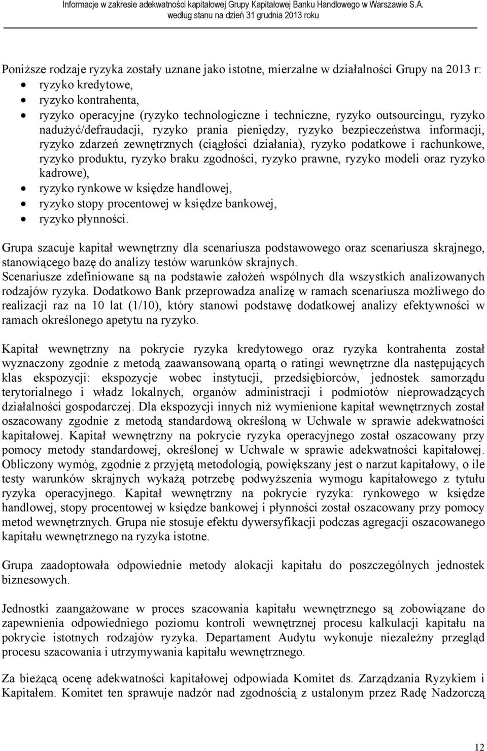 ryzyko braku zgodności, ryzyko prawne, ryzyko modeli oraz ryzyko kadrowe), ryzyko rynkowe w księdze handlowej, ryzyko stopy procentowej w księdze bankowej, ryzyko płynności.