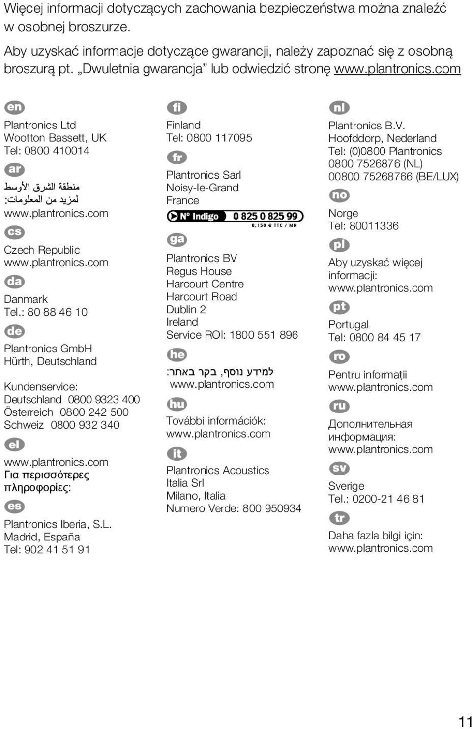 : 80 88 46 10 de Plantronics GmbH Hürth, Deutschland Kundenservice: Deutschland 0800 9323 400 Österreich 0800 242 500 Schweiz 0800 932 340 el Για περισσότερες πληροφορίες: es Plantronics Iberia, S.L.