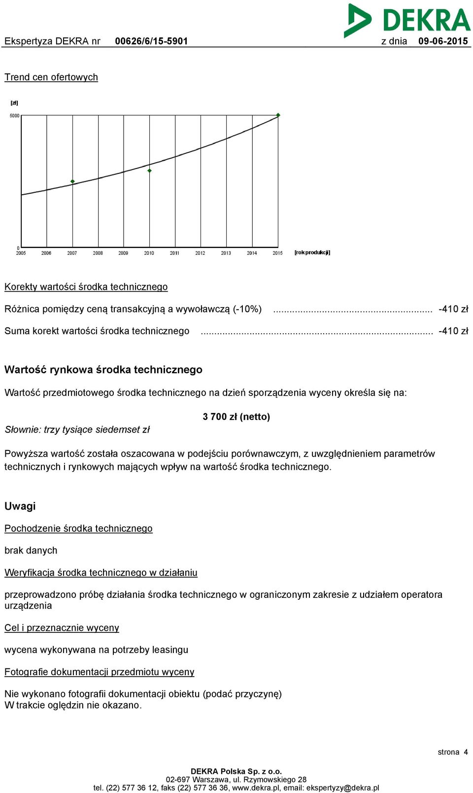 wartość została oszacowana w podejściu porównawczym, z uwzględnieniem parametrów technicznych i rynkowych mających wpływ na wartość środka technicznego.