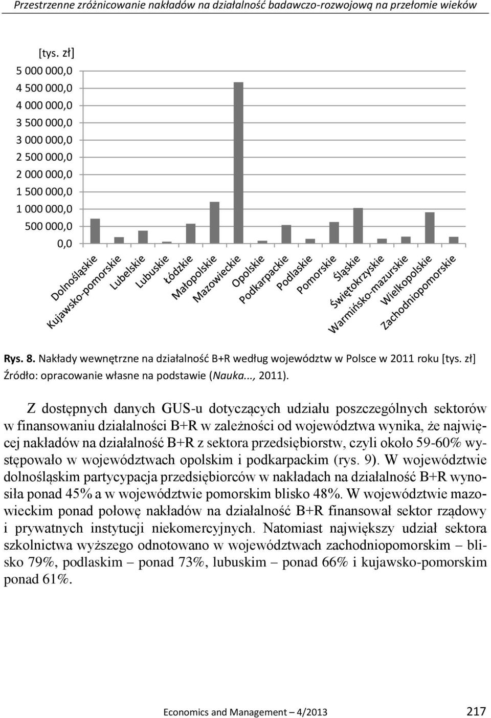 Z dostępnych danych GUS-u dotyczących udziału poszczególnych sektorów w finansowaniu działalności B+R w zależności od województwa wynika, że najwięcej nakładów na działalność B+R z sektora