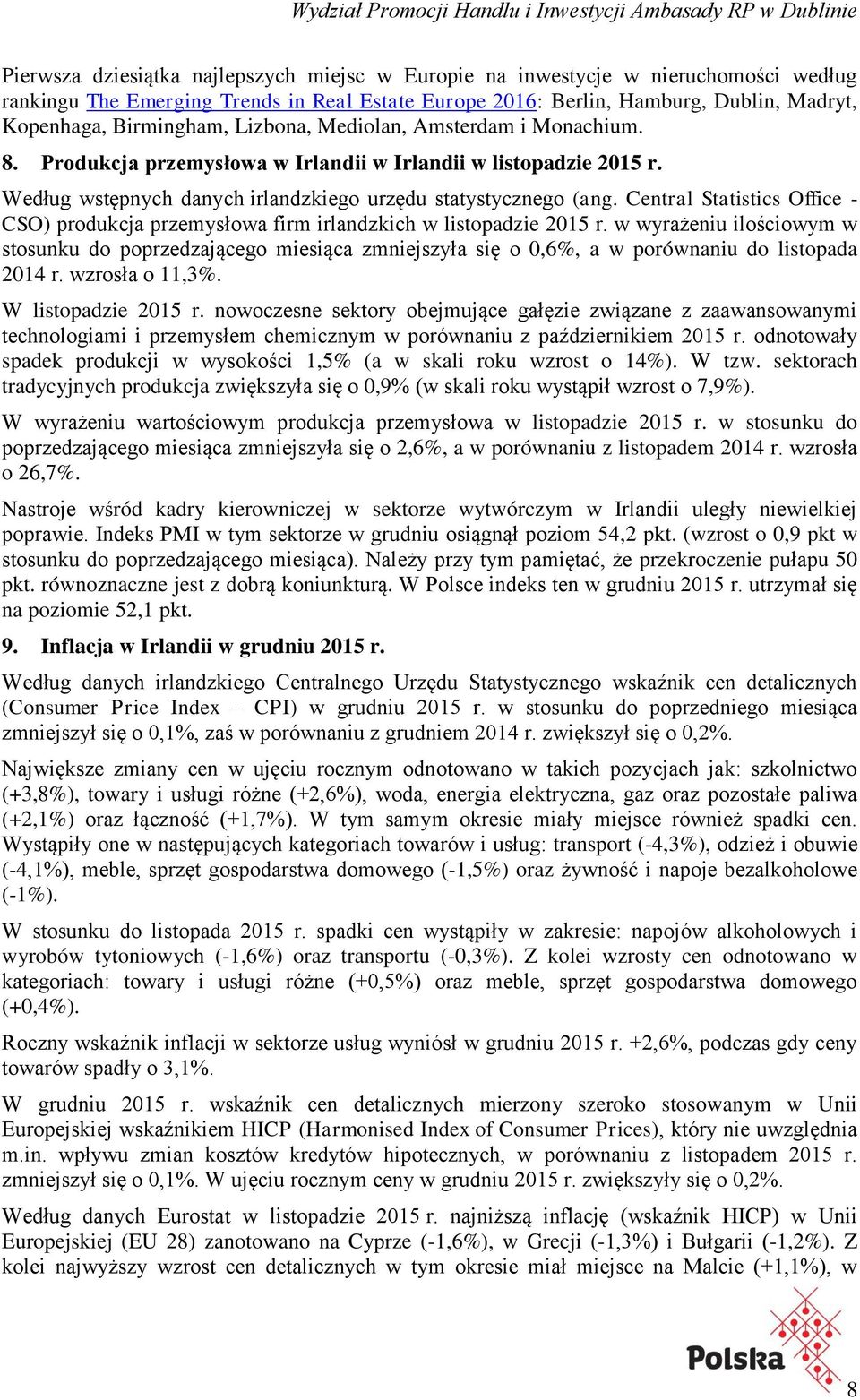 Central Statistics Office - CSO) produkcja przemysłowa firm irlandzkich w listopadzie 2015 r.