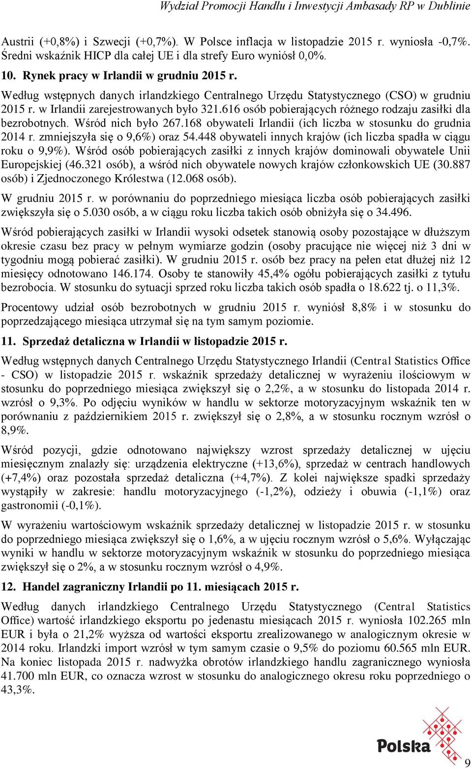 616 osób pobierających różnego rodzaju zasiłki dla bezrobotnych. Wśród nich było 267.168 obywateli Irlandii (ich liczba w stosunku do grudnia 2014 r. zmniejszyła się o 9,6%) oraz 54.