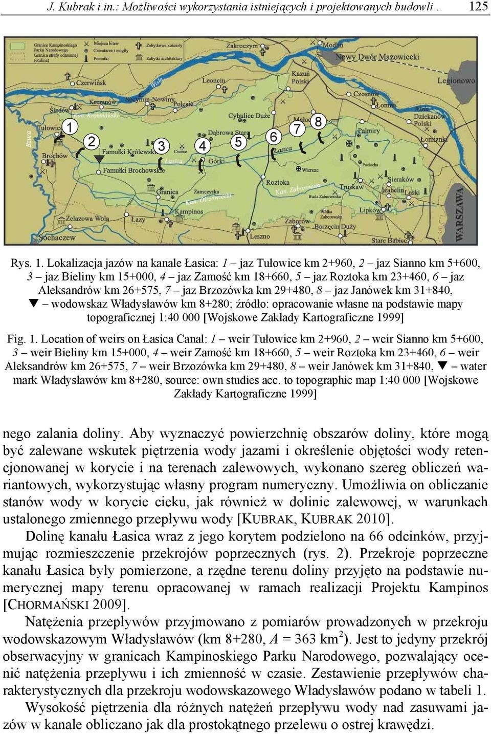 Brzozówka km 29+480, 8 jaz Janówek km 3+840, wodowskaz Władysławów km 8+280; źródło: opracowanie własne na podstawie mapy topograficznej :40 000 [Wojskowe Zakłady Kartograficzne 999] Fig.